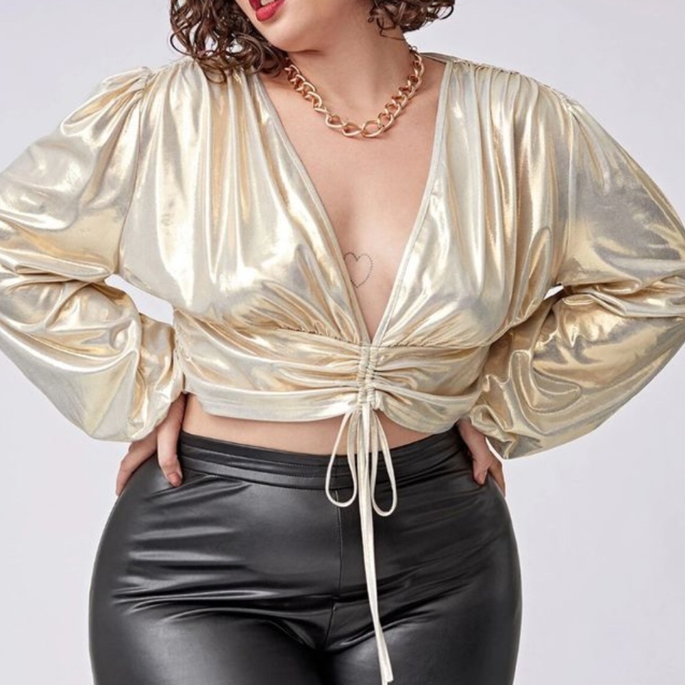3/$10 Gold Metallic Long Sleeve Ruched Women's Top